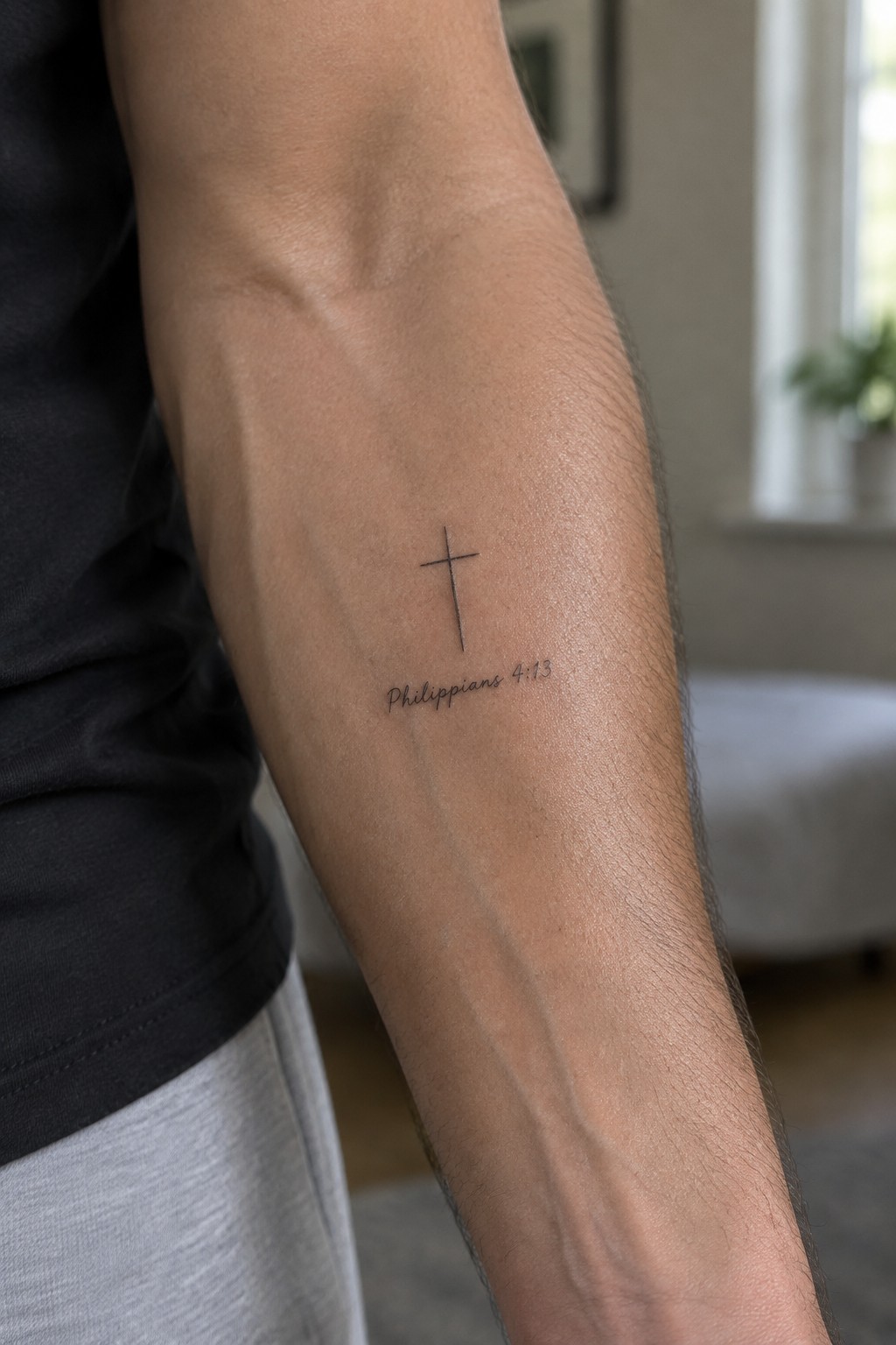 Fine line cross tattoo with Philippians 4:13 on a man's inner forearm