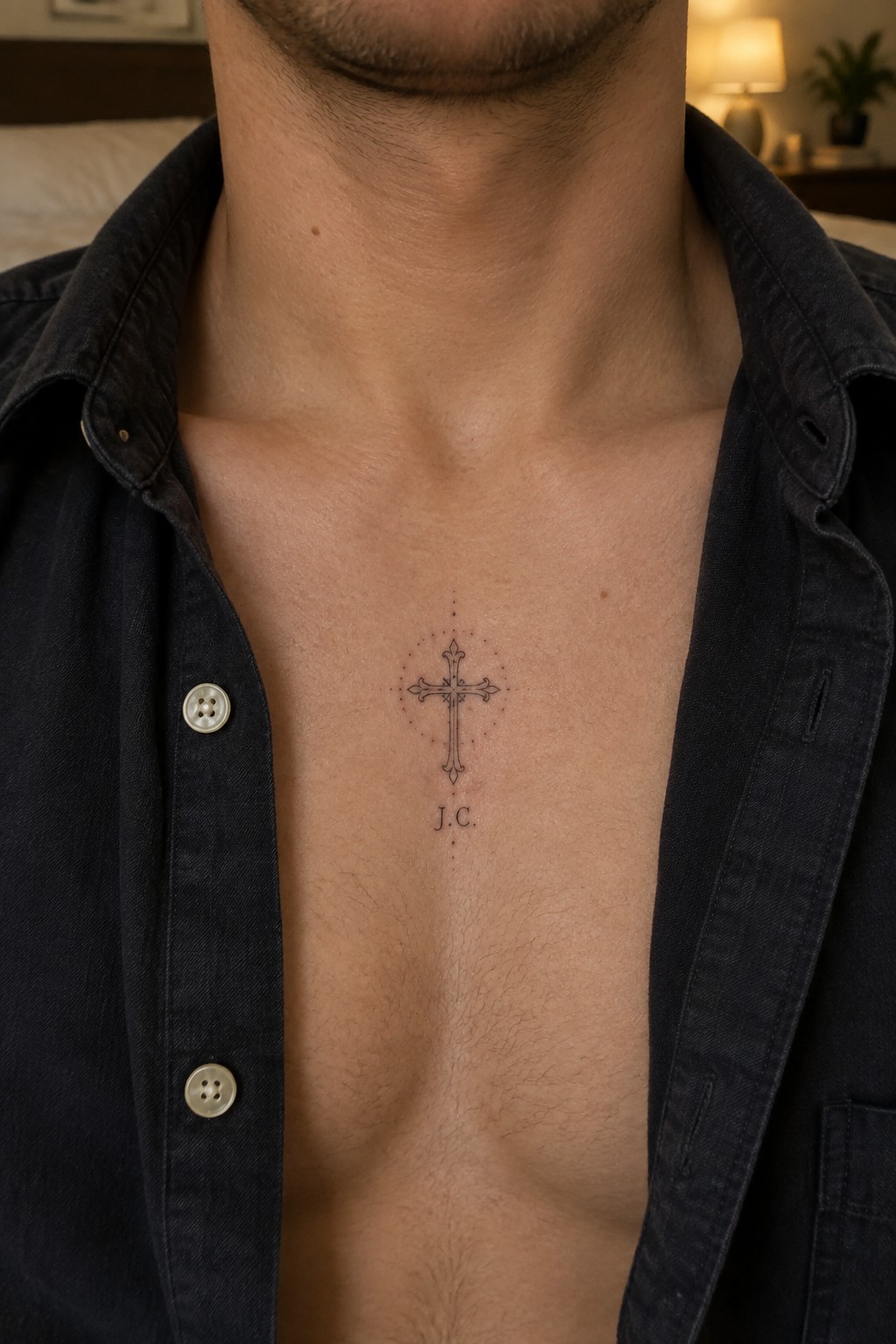 Man's chest with ornate cross tattoo and J.C. under open dark shirt
