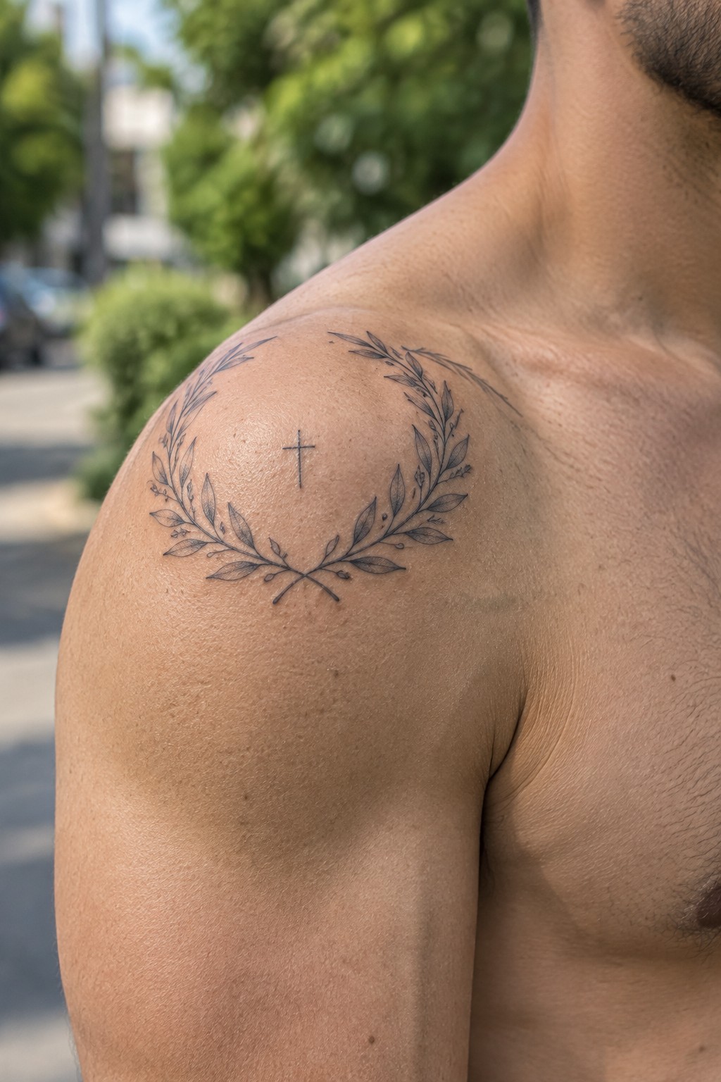 Shirtless man's shoulder with black laurel wreath and cross tattoo.