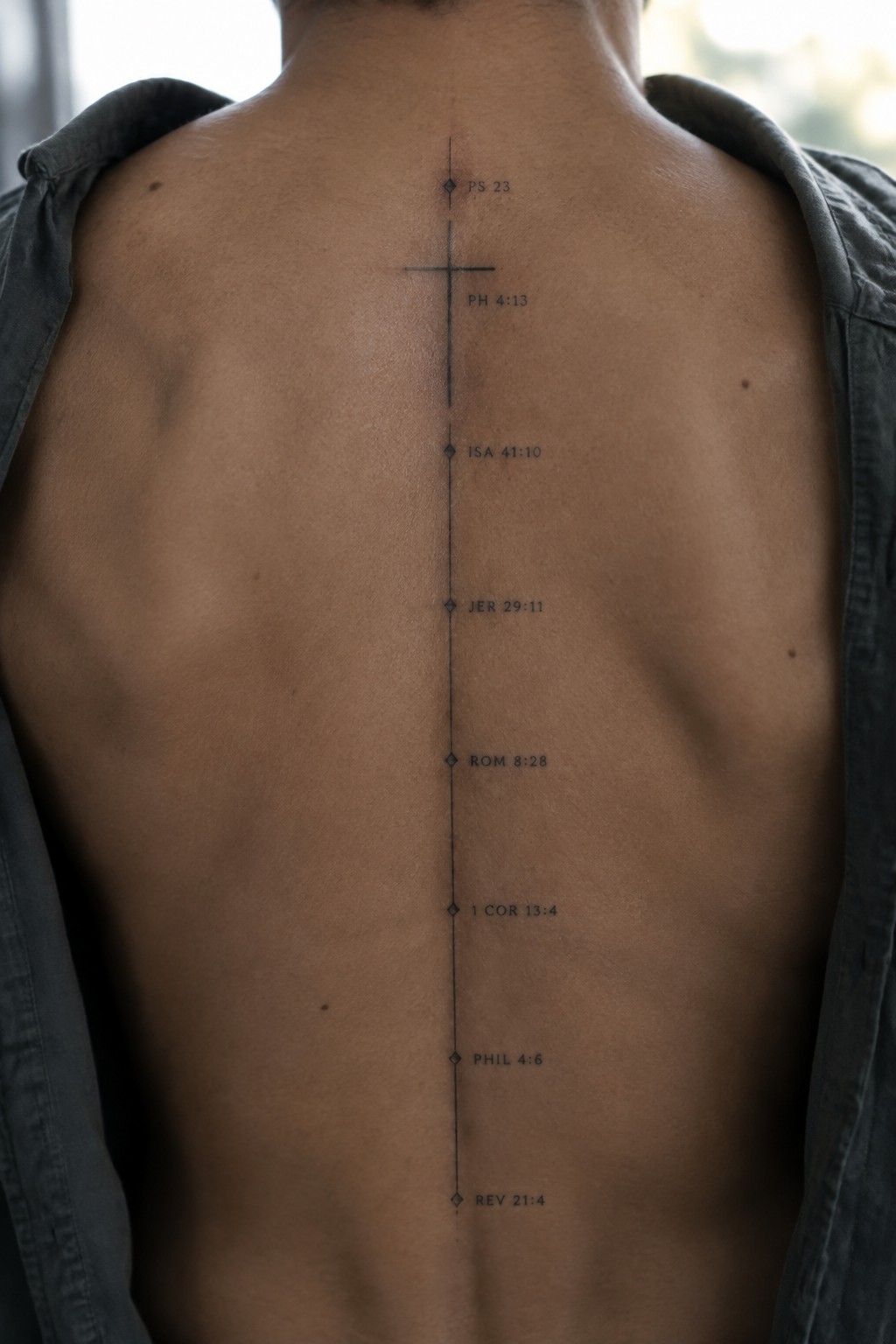 Fine line tattoo of a cross with multiple bible verse references running vertically down a man's spine.