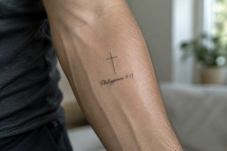 Fine line cross tattoo with Philippians 4:13 on a man's inner forearm