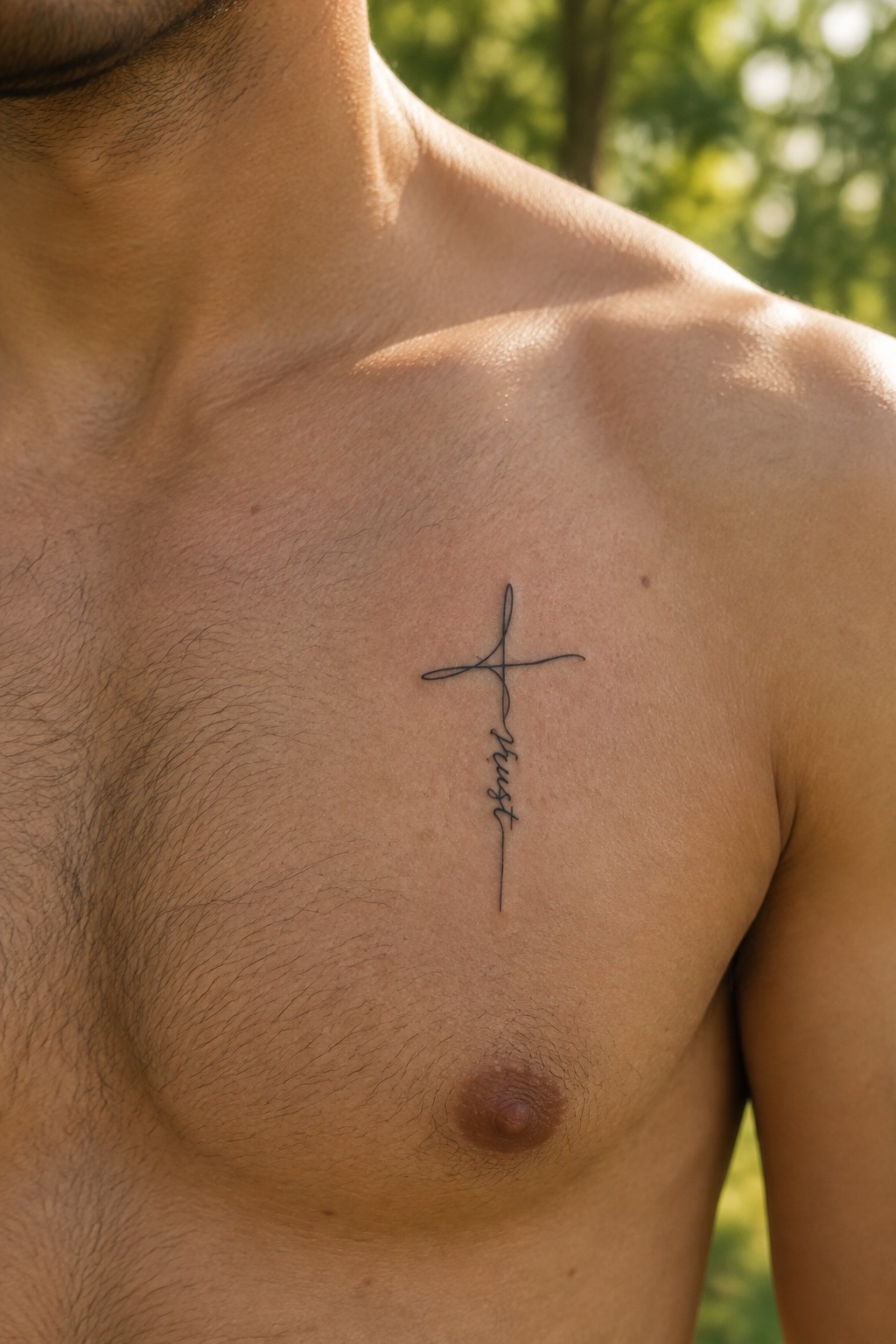 Fine line cross tattoo with the word trust integrated vertically on a man's chest