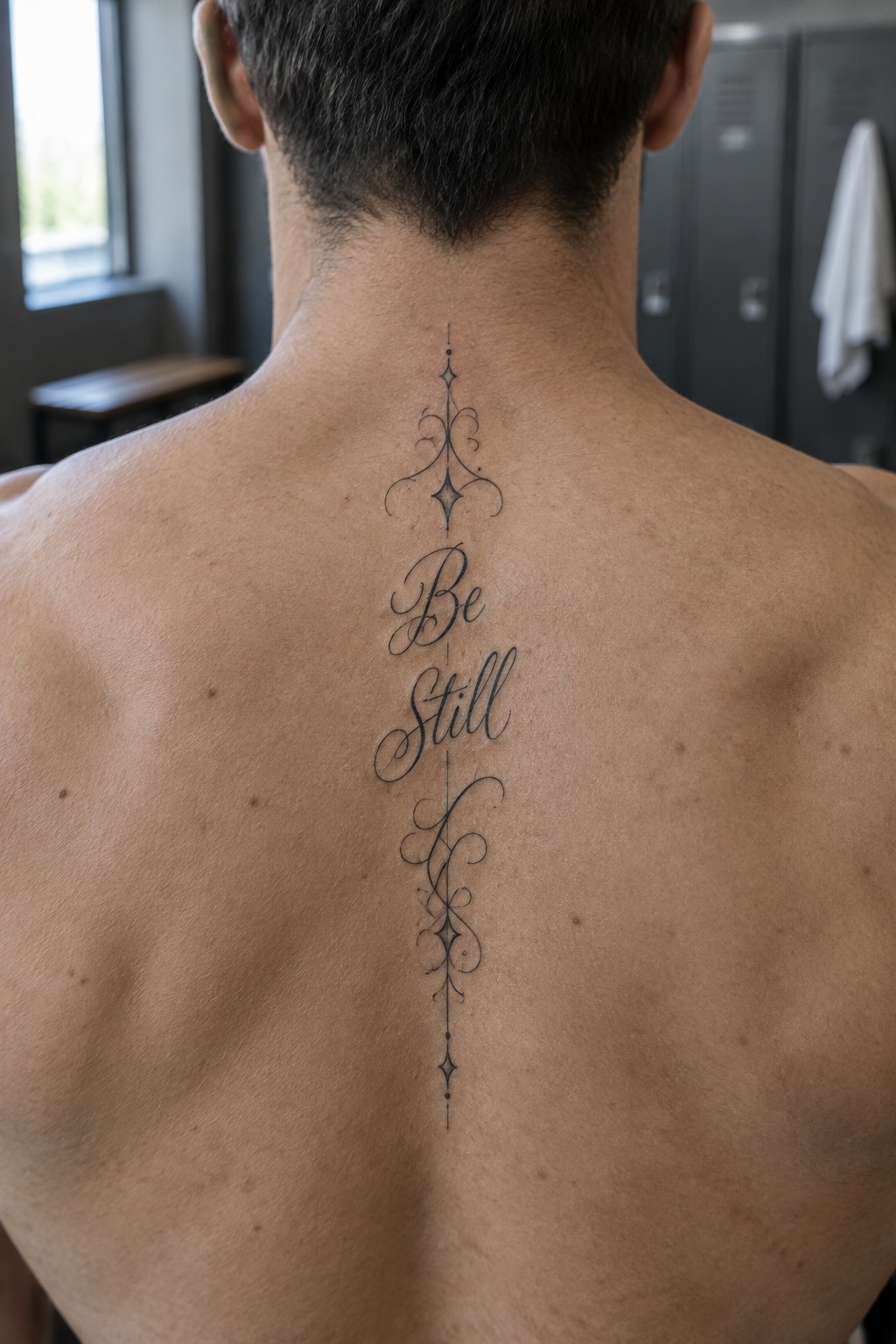 Man's bare back with ornate black 