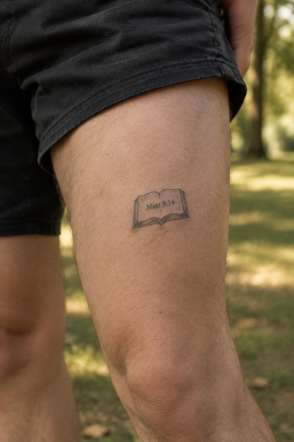 Black shorts over thigh with open book tattoo reading Matt 5:14 outdoors on grass.
