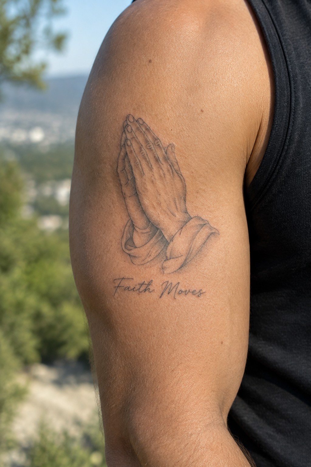 Fine line tattoo of praying hands with draped fabric on a man's upper arm and the words Faith Moves written below in script.