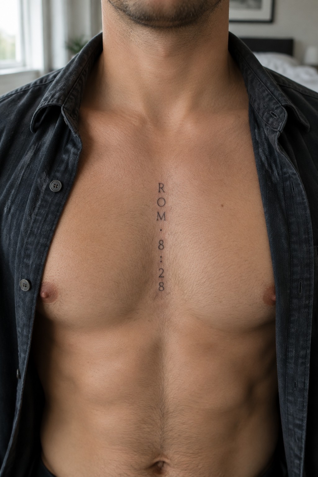Muscular chest with vertical 'ROM 8:28' tattoo beneath an open dark shirt.