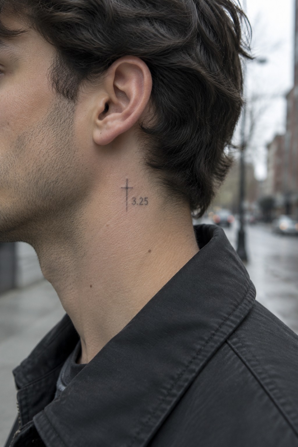 Man's neck with small cross tattoo and 3.25 text, dark hair and jacket visible.