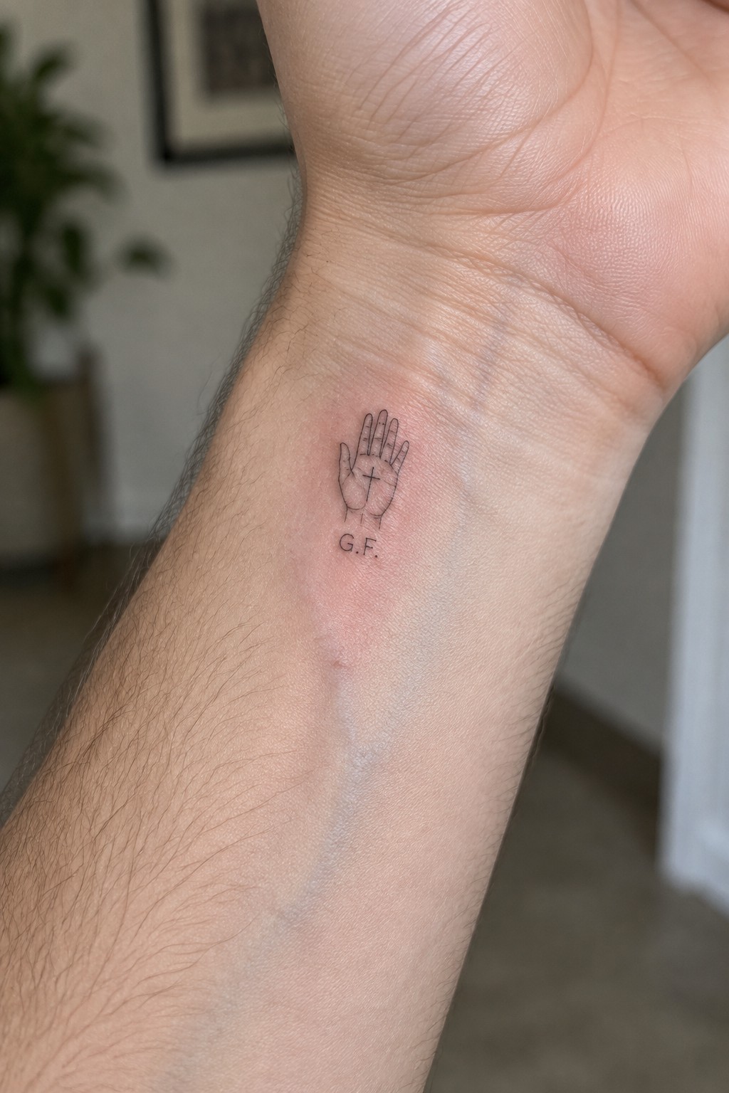 Small black tattoo of hand with cross and G.F. on wrist