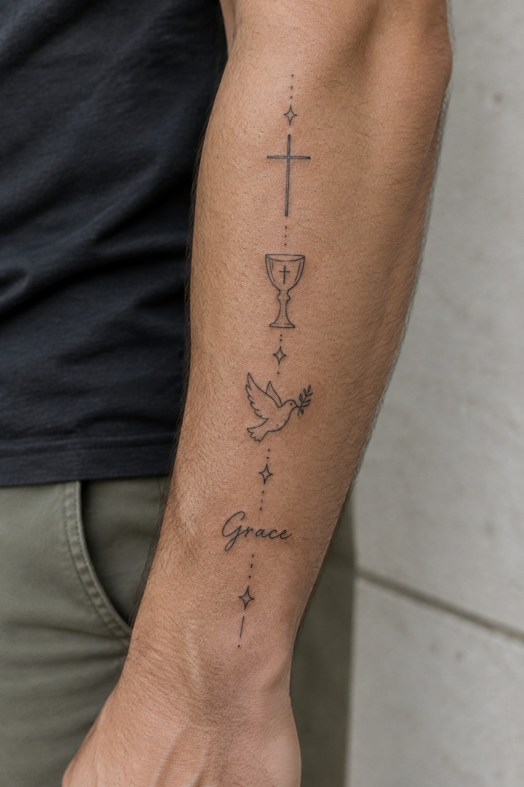 Fine line tattoo on a man's inner forearm featuring a cross, chalice, dove with olive branch, and the word Grace in a vertical arrangement with dotted lines and stars.