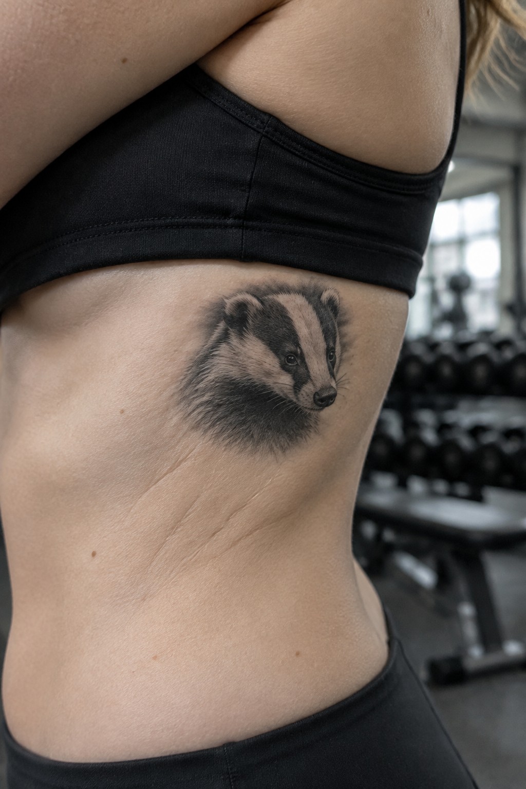 Badger tattoo on side of torso under black sports bra in gym