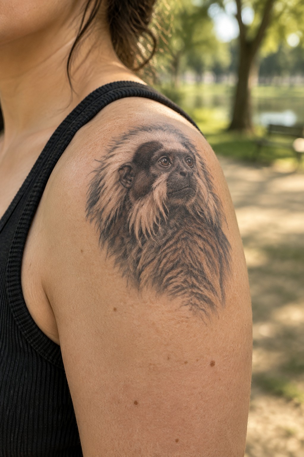 Detailed monkey tattoo on shoulder above black tank top in sunny park
