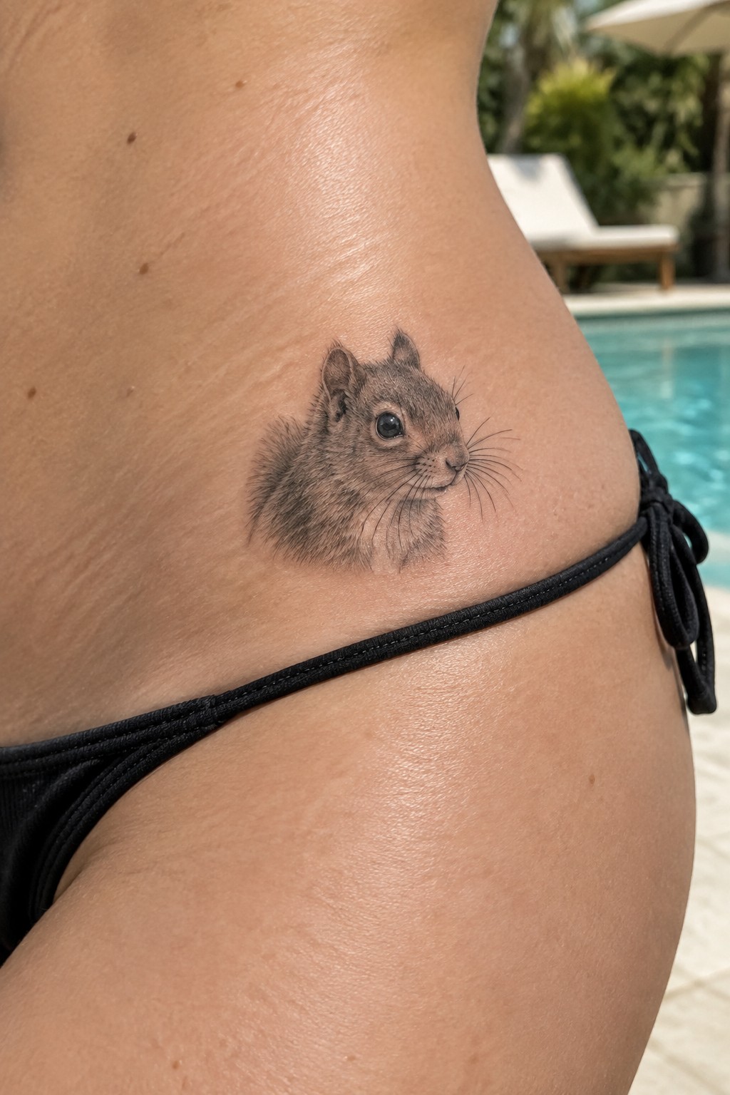 Realistic squirrel tattoo on hip above black bikini bottoms beside swimming pool