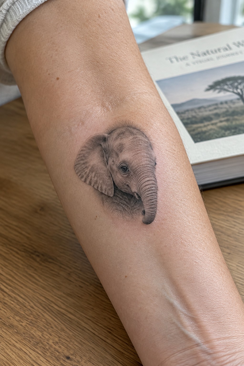 Detailed baby elephant tattoo on forearm beside open savanna book on wood.