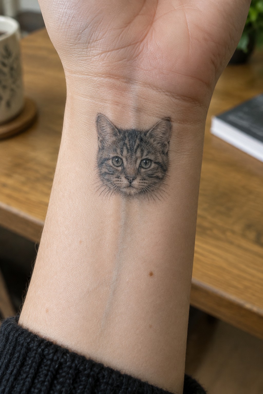 Realistic tabby cat face tattoo on inner wrist above dark knitted cuff