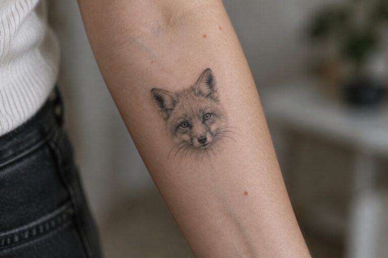21 Refined Microrealism Animal Tattoos for Women Featuring Tiny Detailed Portraits Microrealism fox face tattoo on the inner forearm showing fine fur details in grayscale