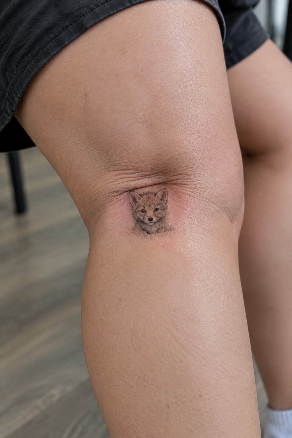 Fox cub tattoo on reddened knee beneath black shorts on wooden floor.