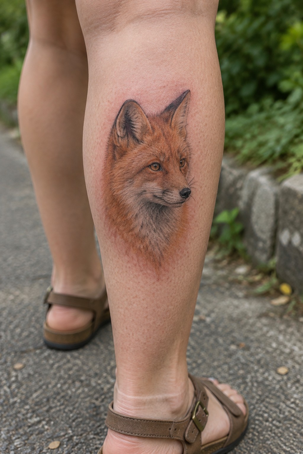 Microrealism fox head tattoo on the lower leg above the ankle with detailed fur and side profile view.