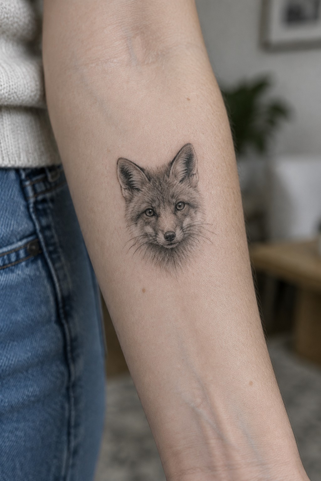 Microrealism fox face tattoo on the inner forearm showing fine fur details in grayscale