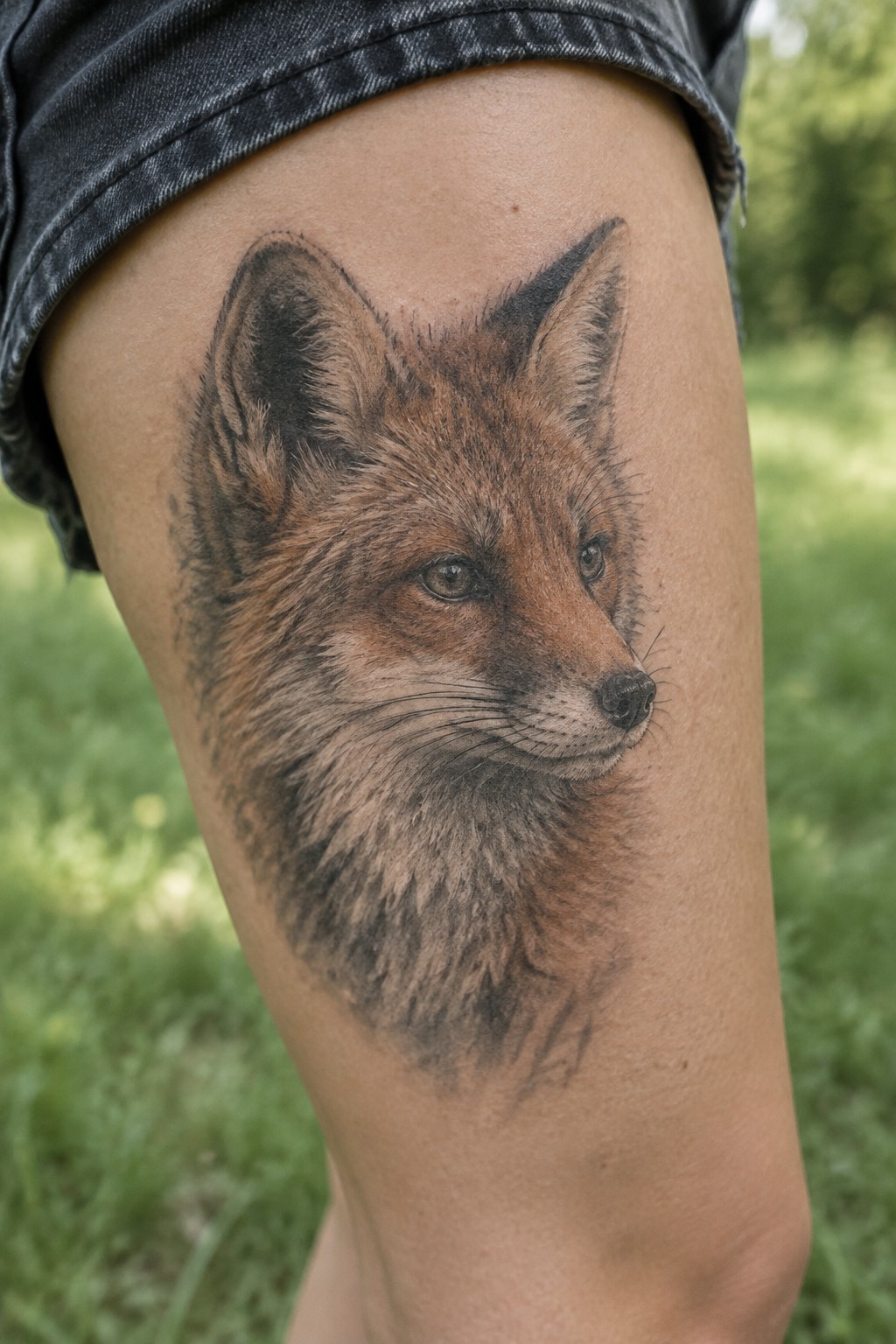 Realistic fox head tattoo on thigh under gray denim shorts in grass