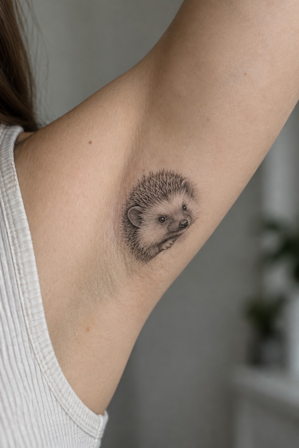 Realistic hedgehog tattoo on upper arm of person in white tank top.