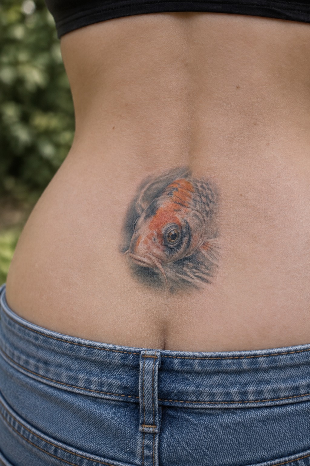 Realistic orange and black koi fish tattoo on a woman's lower back just above the waistband of blue jeans
