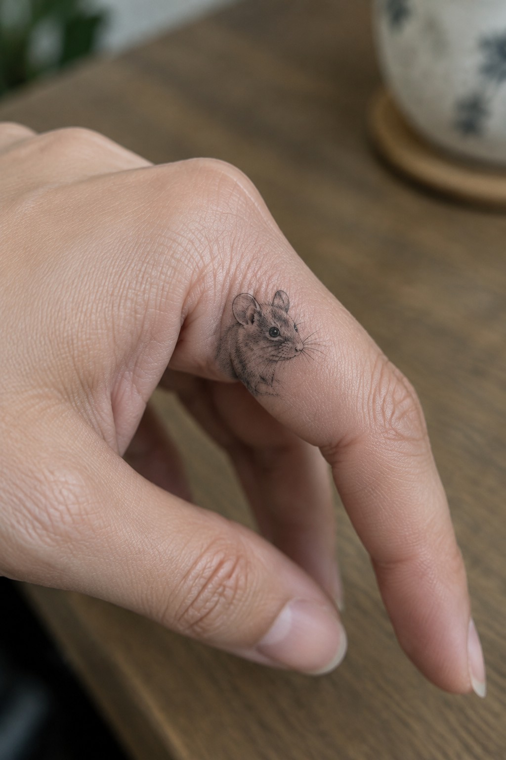 Small black and gray microrealism mouse tattoo placed on the side of a finger near the knuckle