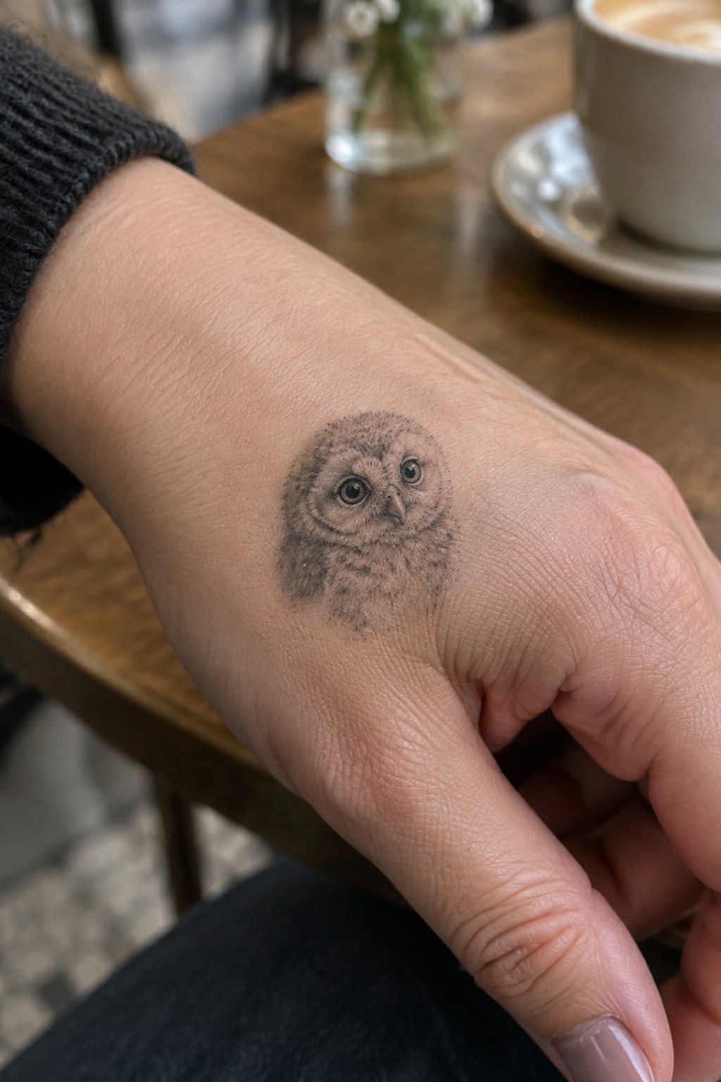 Small realistic owl tattoo on hand with dark sleeve on wooden cafe table