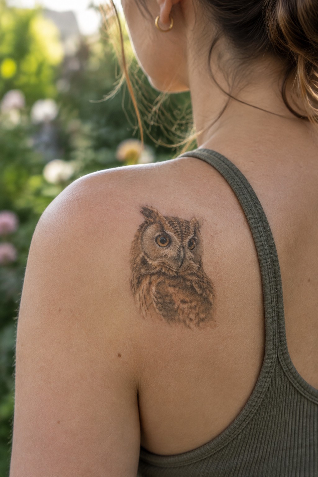 Microrealism owl tattoo on a woman's upper shoulder showing fine feather detail and brown shading.