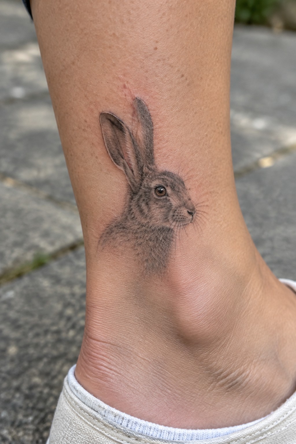 Realistic gray rabbit tattoo on ankle with white sock and red skin.