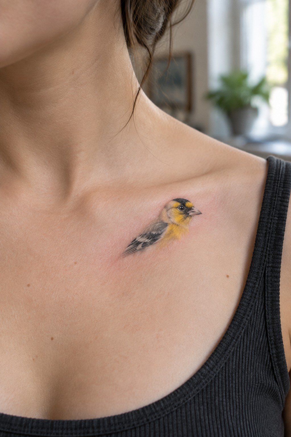 Realistic yellow and black bird tattoo on shoulder above black tank top