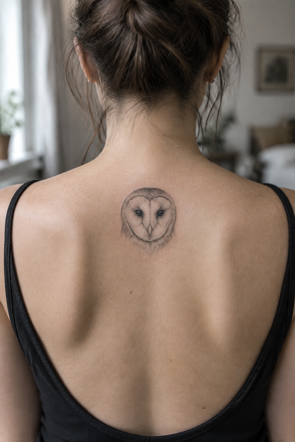 Small black and gray barn owl face tattoo centered on a woman's upper back between the shoulder blades