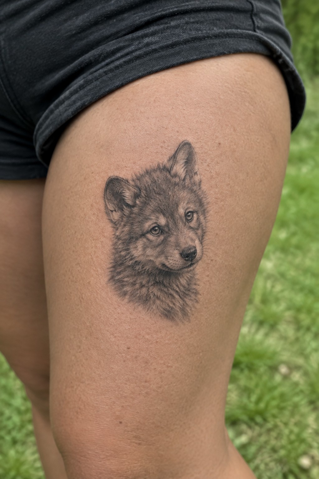 Black shorts on thigh with realistic black-and-gray wolf cub tattoo, grass background.