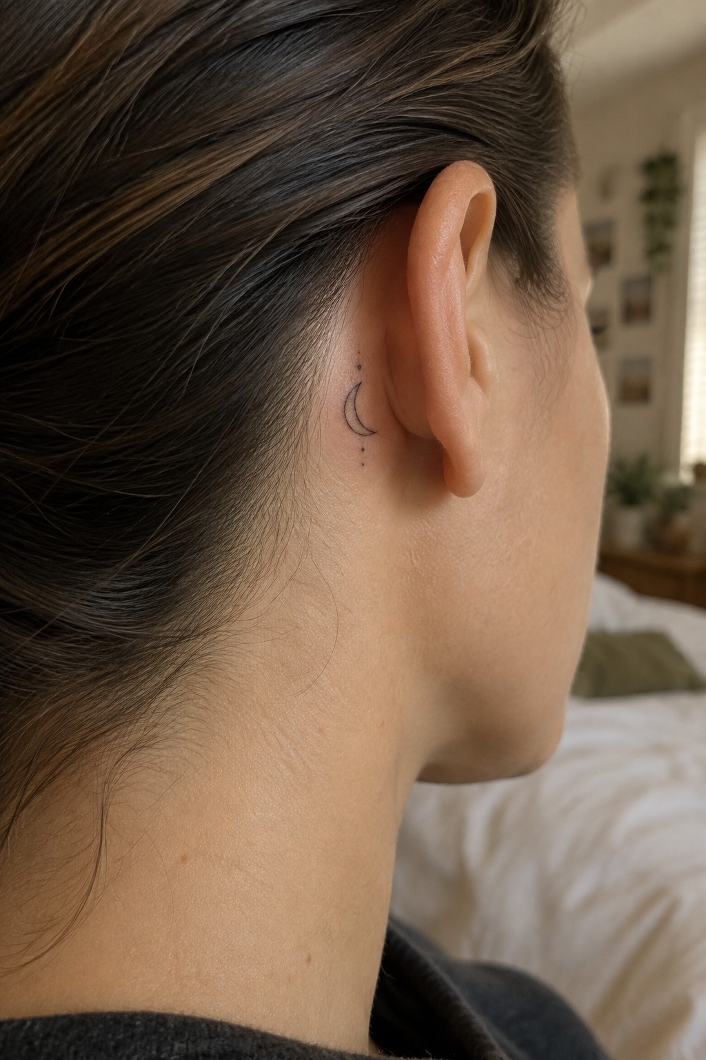 Close-up of crescent moon tattoo with dots behind ear on dark hair.