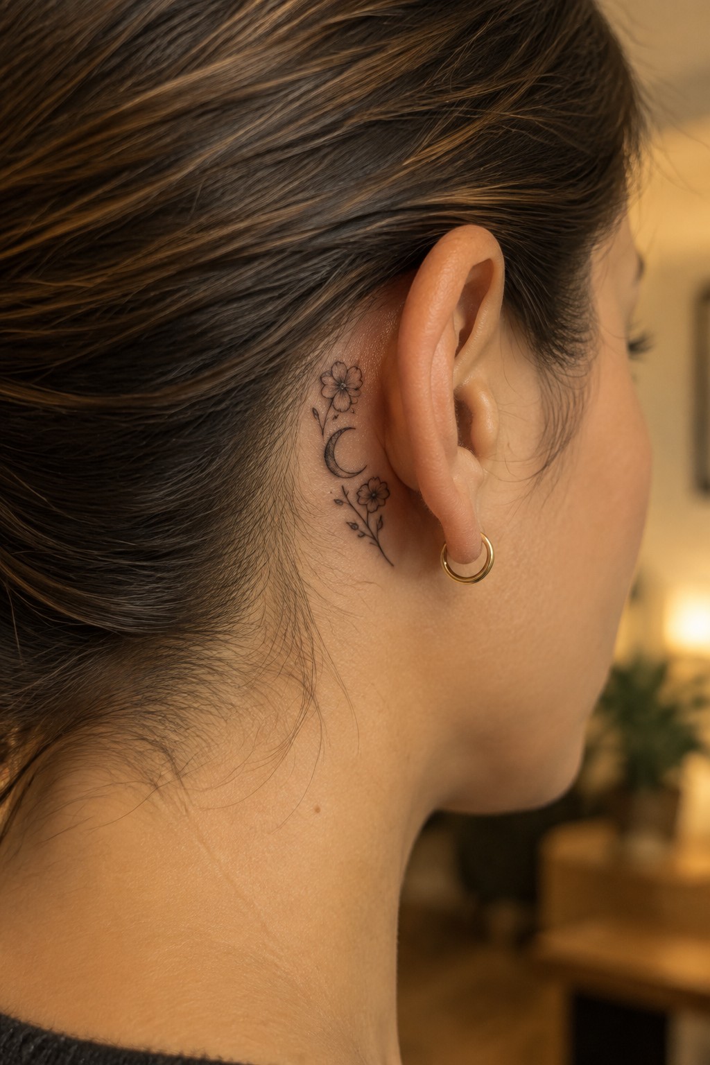 Crescent moon and flower tattoo behind a woman's ear with gold hoop earring.