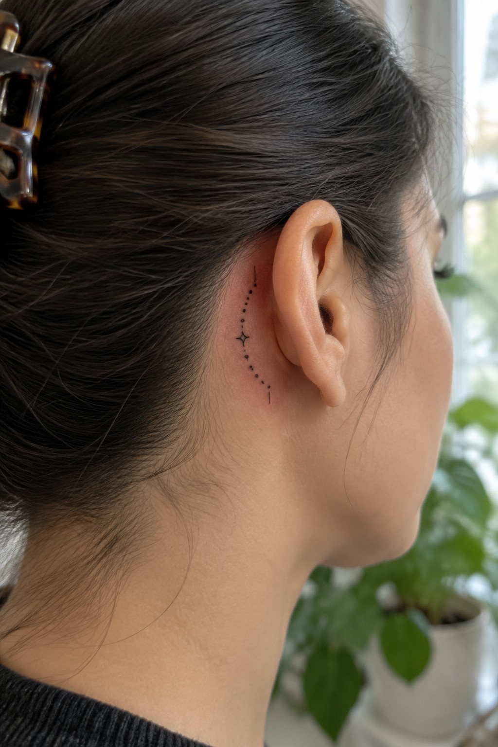 Woman with dark hair and clip showing dotted star tattoo behind ear