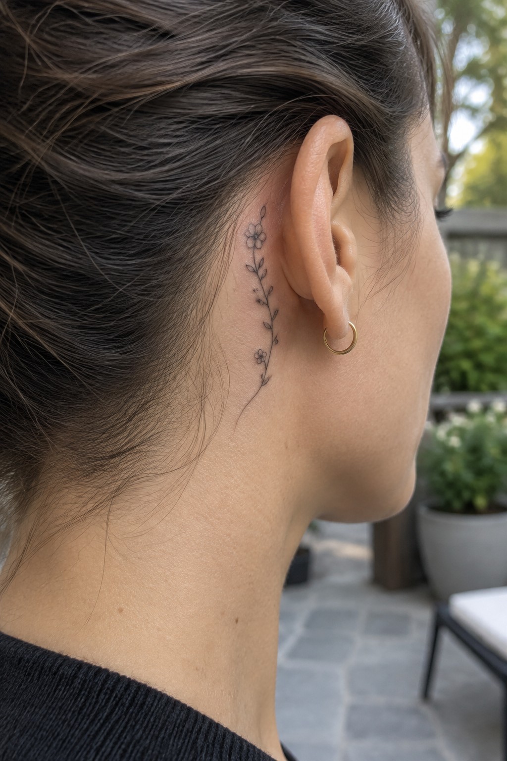 Fine line floral vine tattoo placed vertically behind a woman's ear