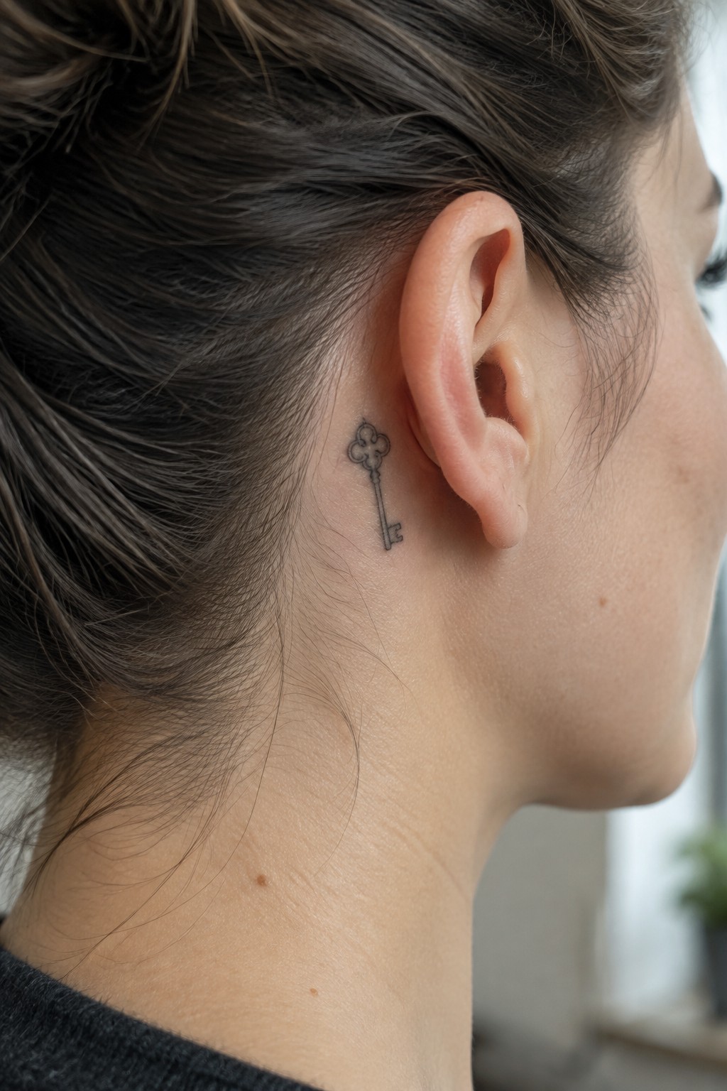 Small black key tattoo behind ear of person with brown hair in bun
