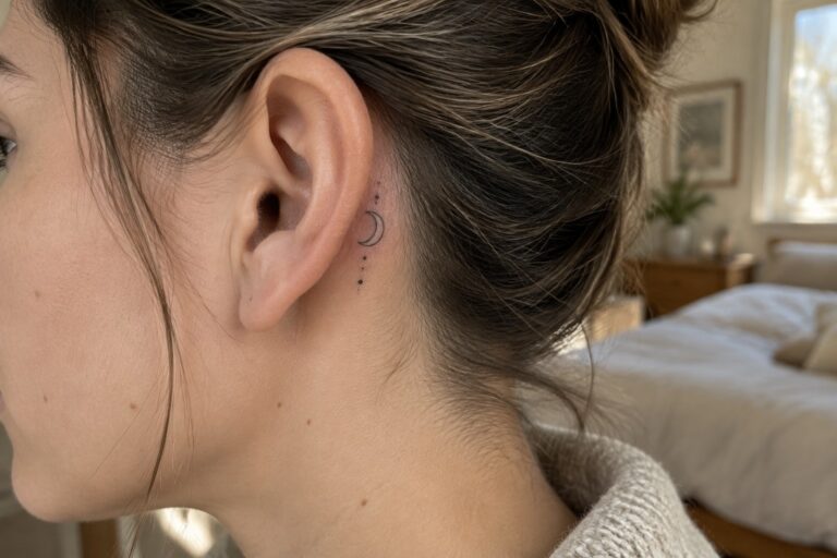 Close-up of crescent moon tattoo with dots behind ear on dark hair.