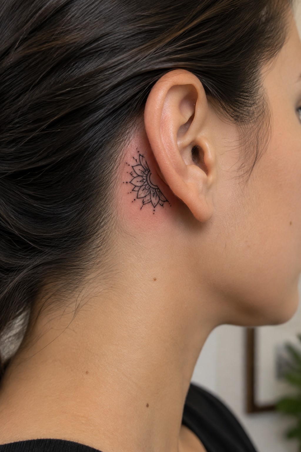 Mandala tattoo behind woman's ear on reddened skin with dark hair