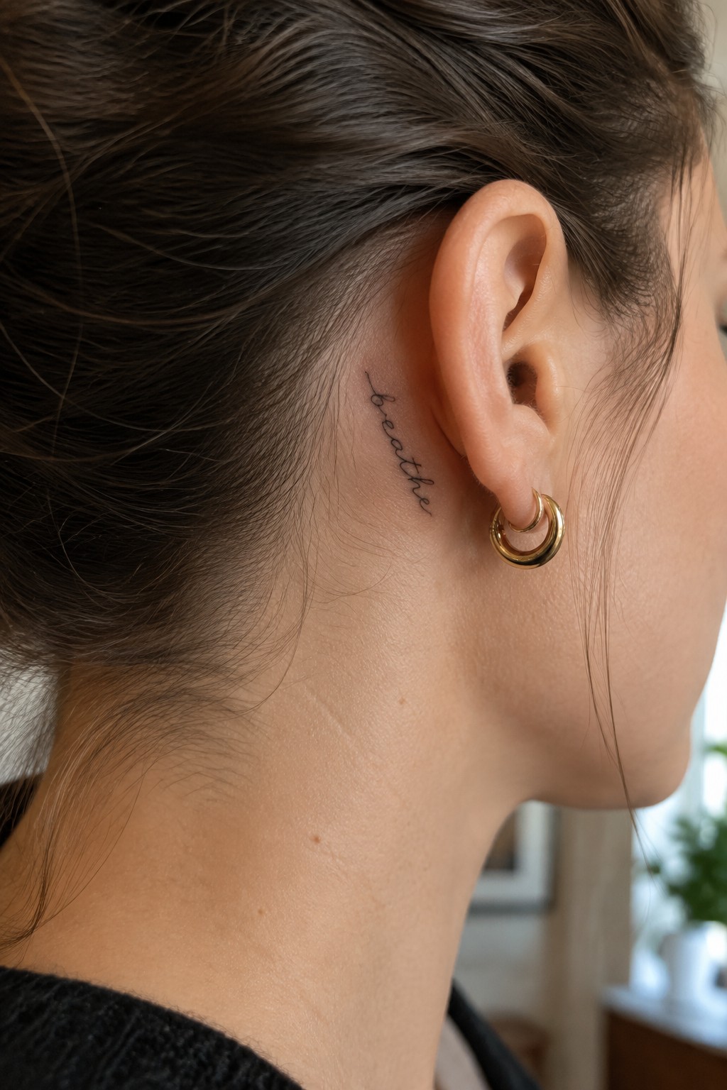 Fine line tattoo of the word breathe in script behind a woman's ear, shown next to a small gold hoop earring.