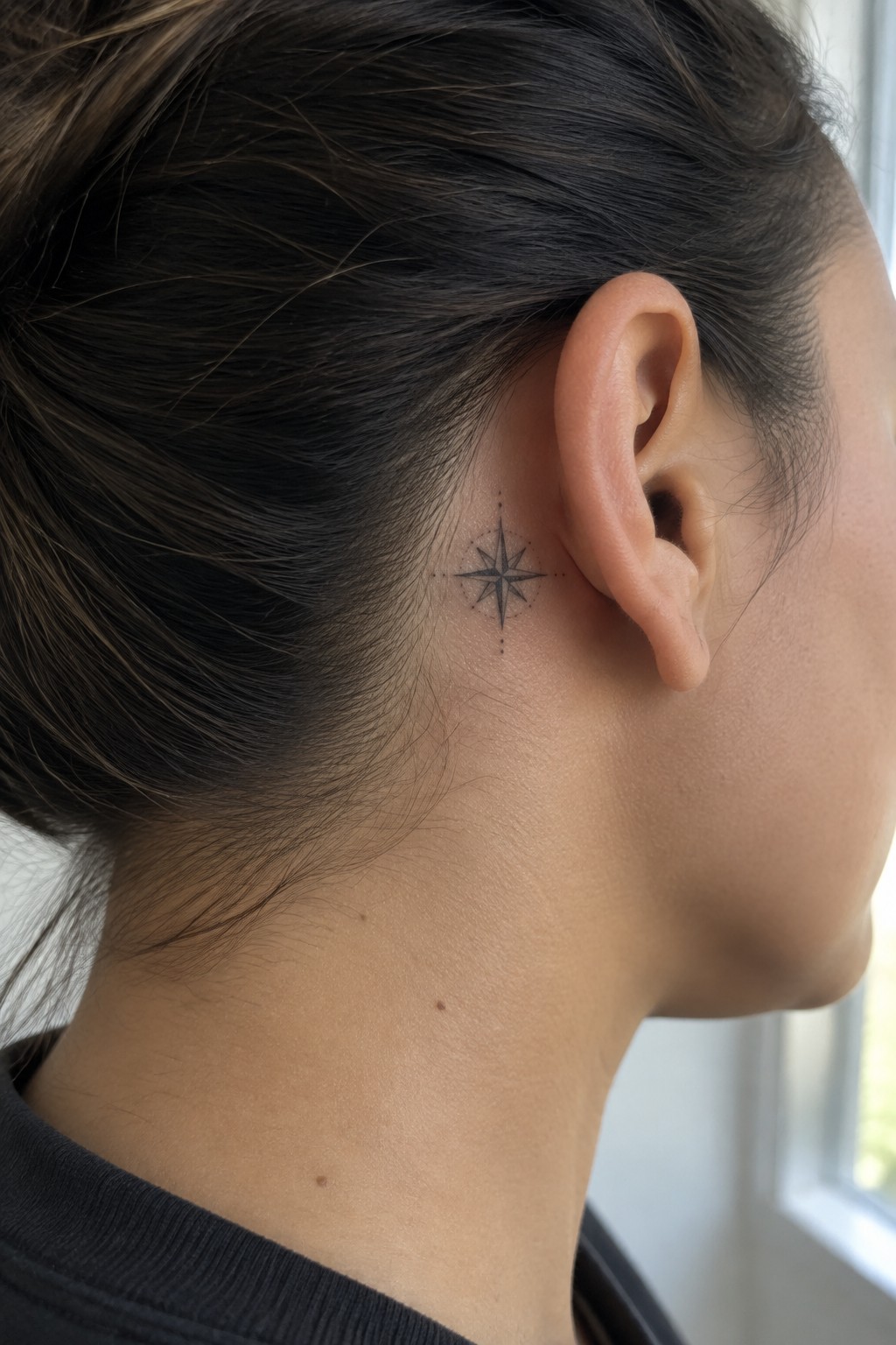 Dark hair in bun with star compass tattoo behind ear on neck