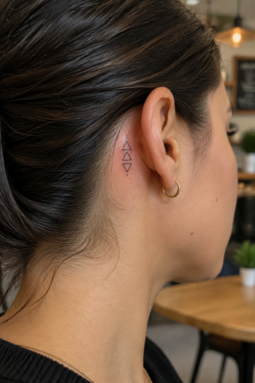 Small fine line tattoo of three stacked triangles placed behind a woman's ear