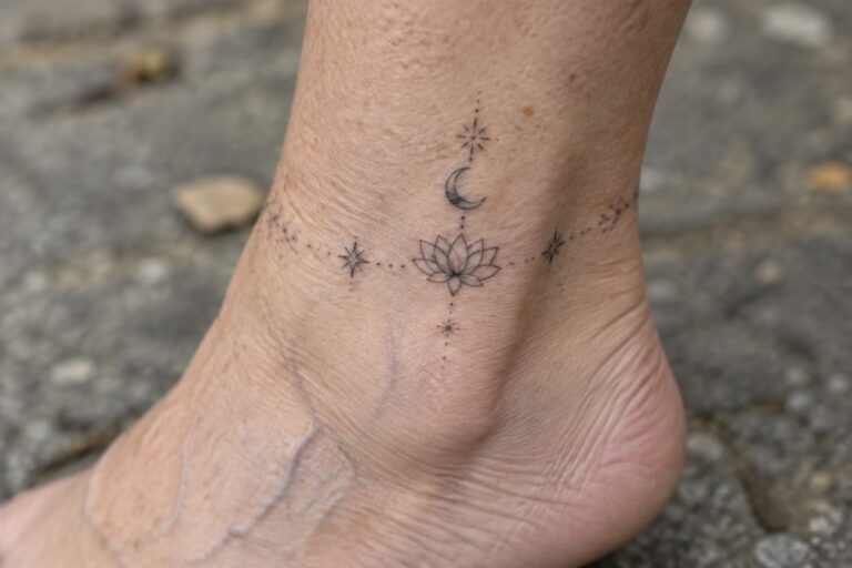 20 Unique Spiritual Tattoos for Women Over 60 Featuring Lotus and Moon Symbolism Lotus flower tattoo with crescent moon and stars on ankle