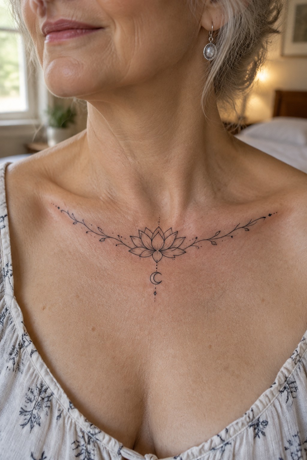 Woman with lotus flower and crescent moon tattoo on upper chest wearing white top