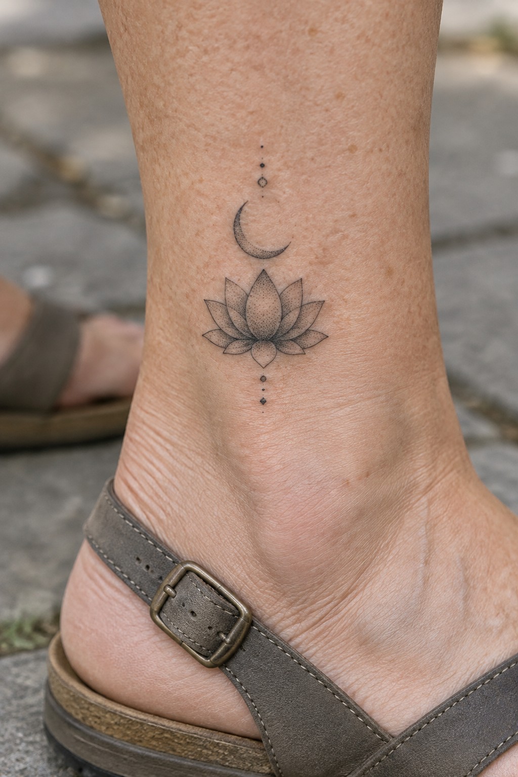 Ankle tattoo of lotus flower below crescent moon with dotted lines above gray sandal
