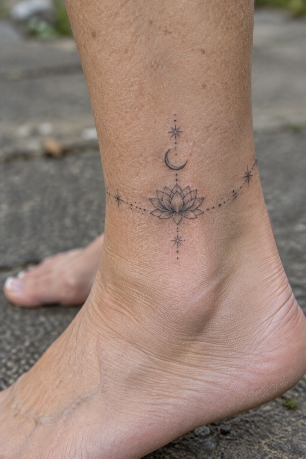 Lotus flower tattoo with crescent moon and stars on ankle