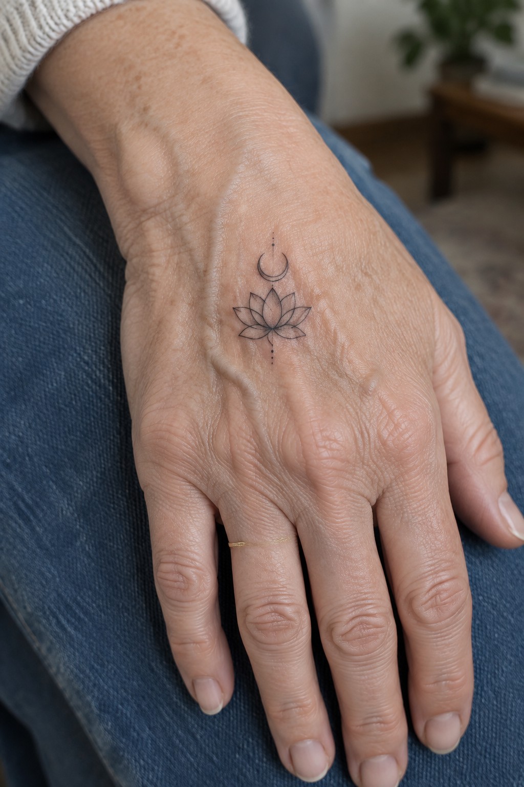 Aged hand with lotus moon tattoo on blue denim, thin gold ring on finger