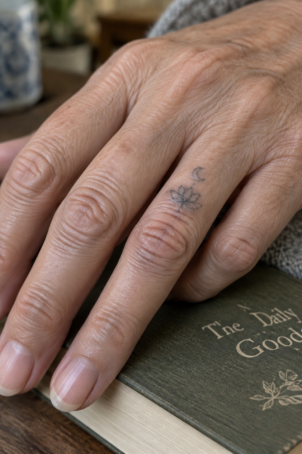 Elderly hand with lotus and crescent moon tattoo resting on green book