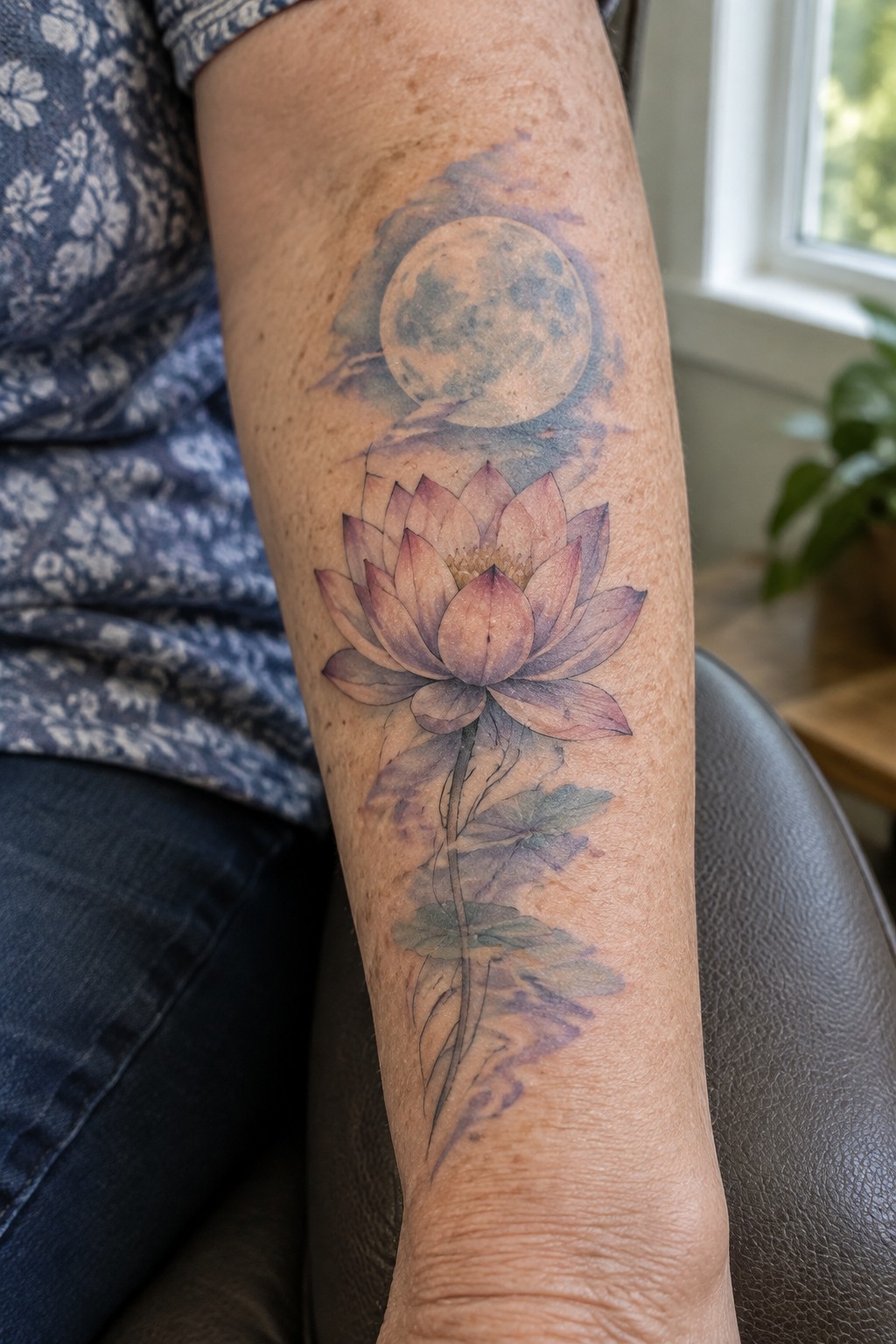 Watercolor lotus flower and full moon tattoo on arm with floral shirt