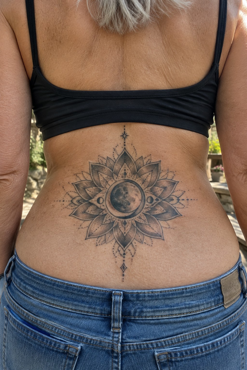 Mandala tattoo with moon on lower back above blue jeans and black top